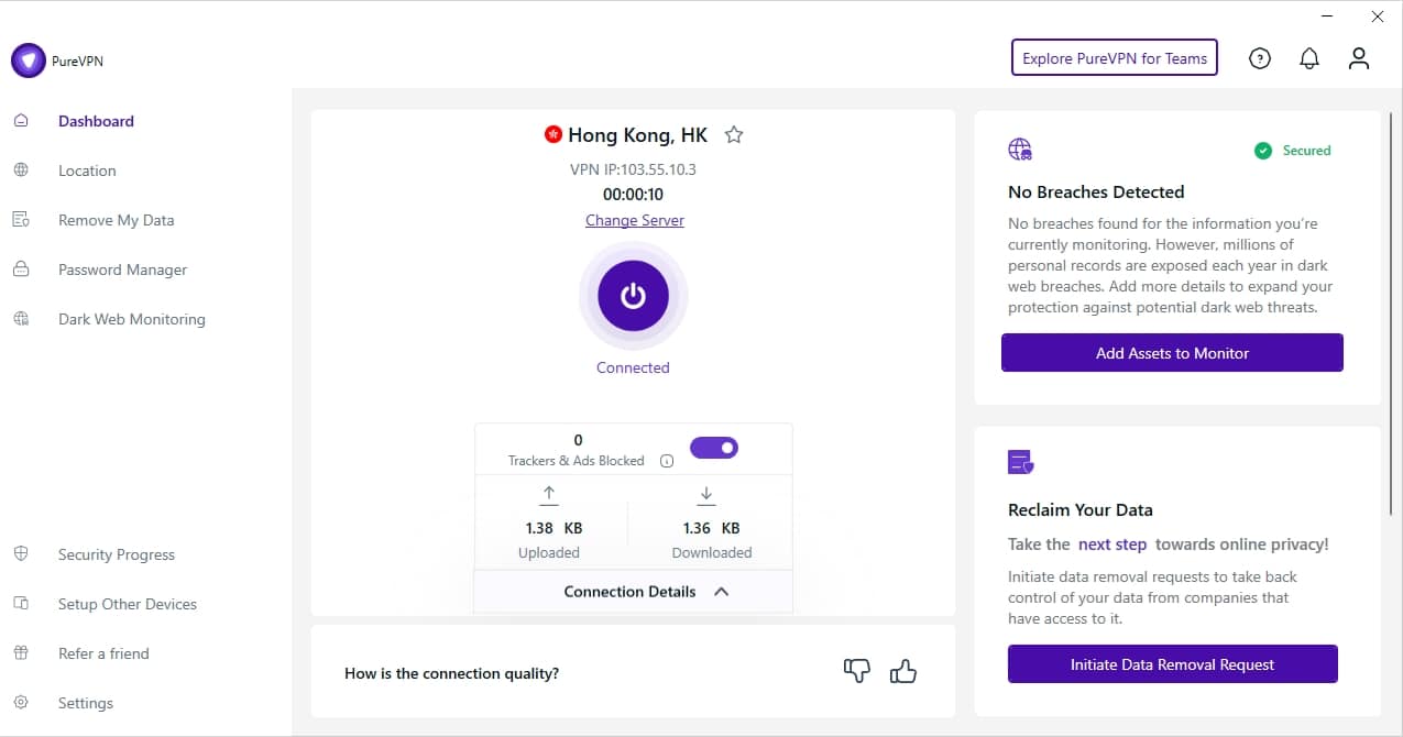 The PureVPN dashboard.