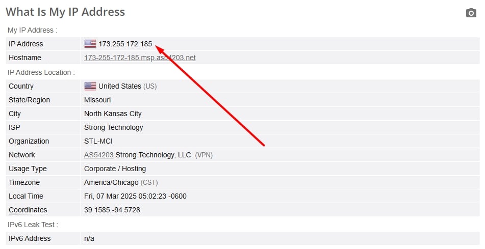 IPVanish IP leak test.