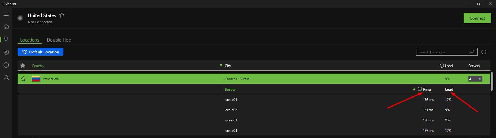 IPVanish's individual server details.