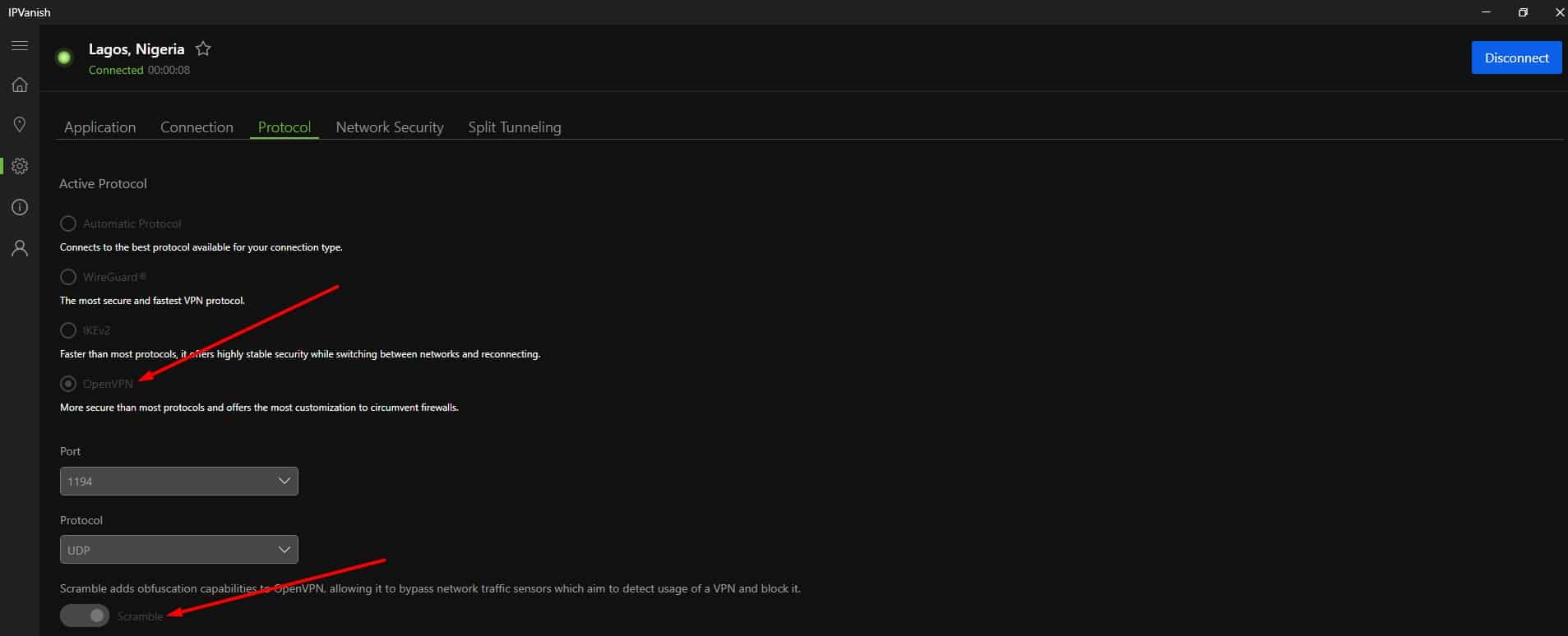 IPVanish's protocol options.
