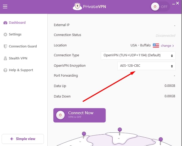 PrivateVPN encryption options.