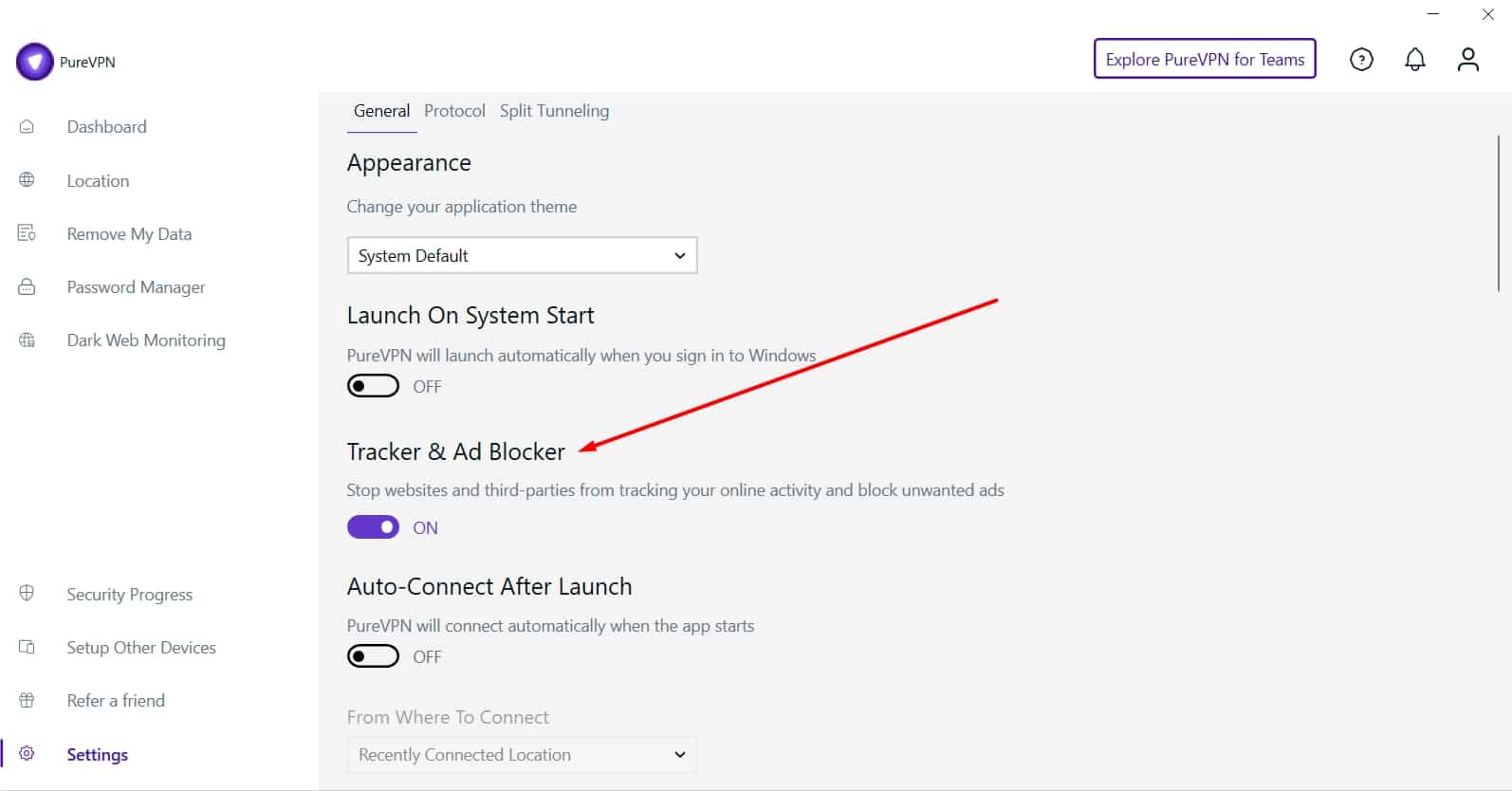PureVPN's ad and tracker-blocker.
