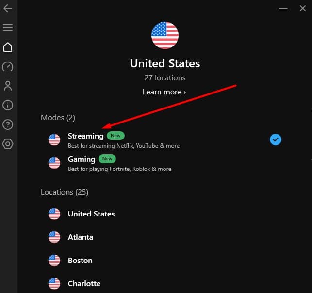 Hotspot Shield's US server options.
