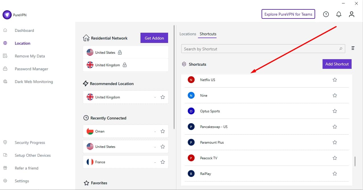 PureVPN's Shortcuts.