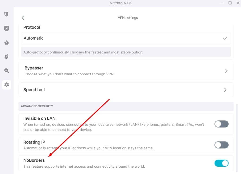 Surfshark's NoBorders feature.