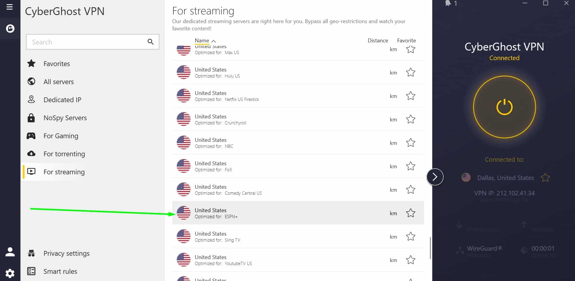 Screenshot showing CyberGhost's ESPN+ optimized server