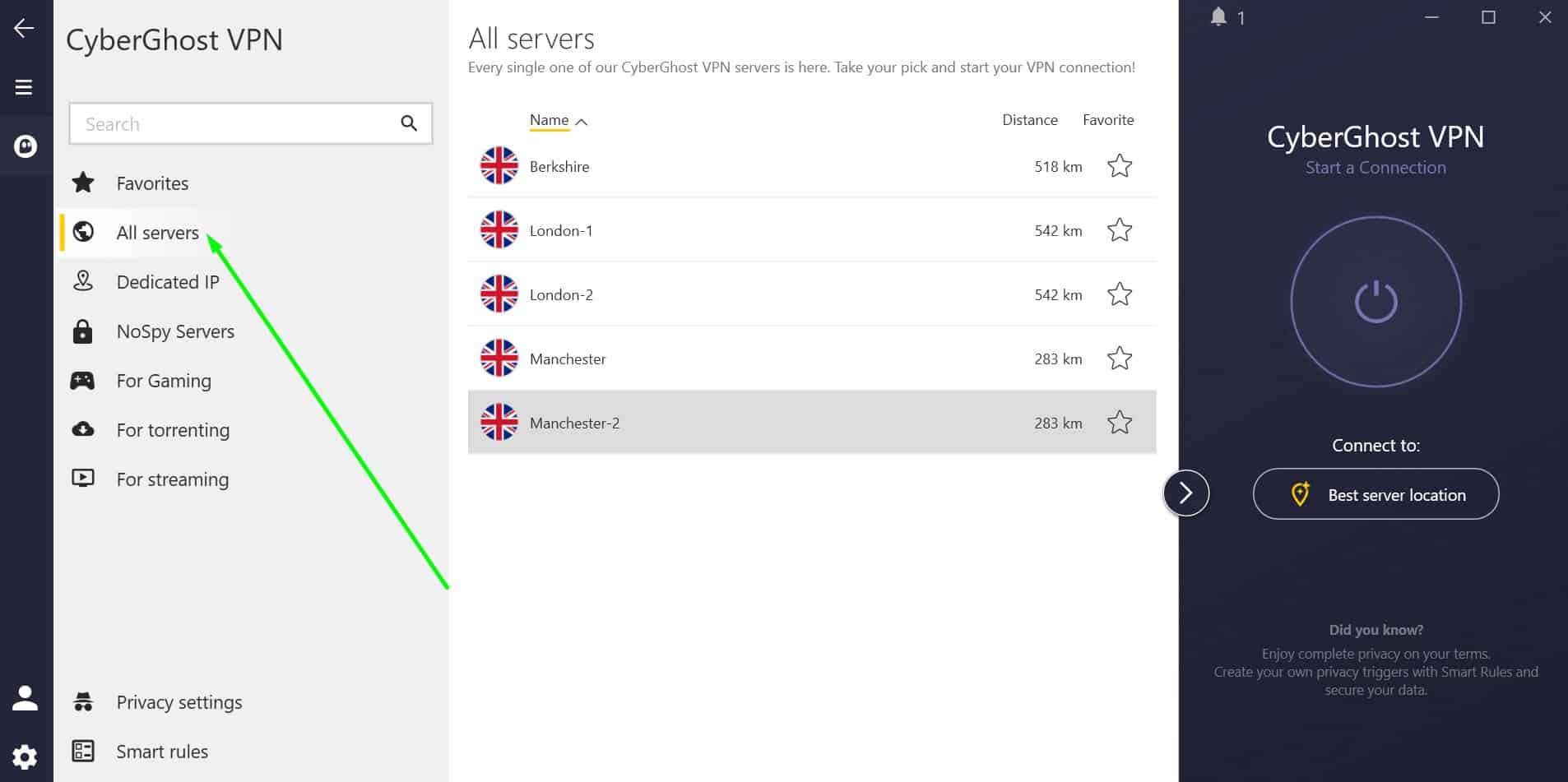 Screenshot showing CyberGhost's UK server locations