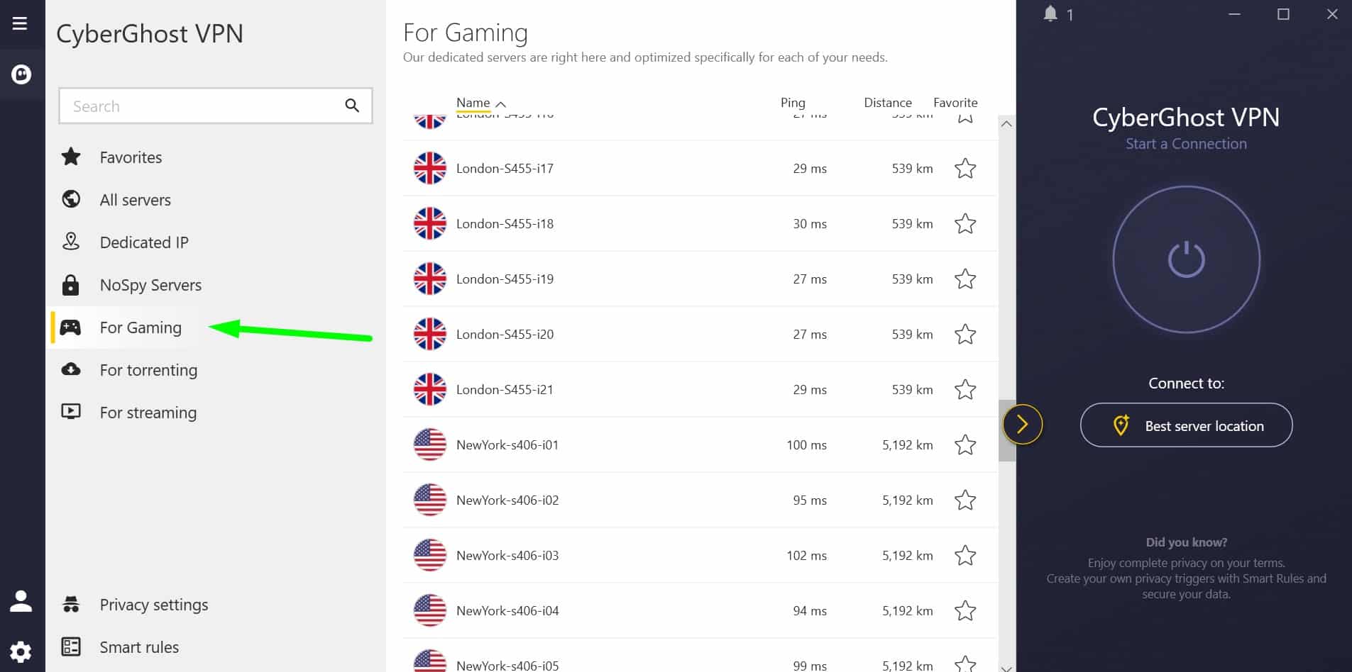 Screenshot of CyberGhost's gaming servers