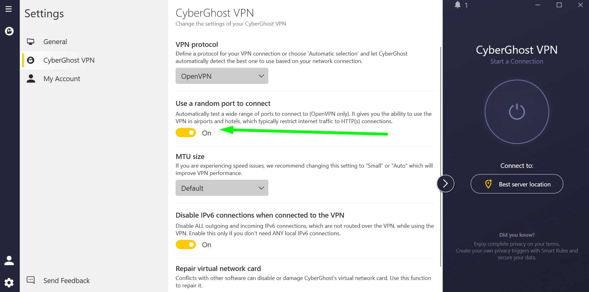 Screenshot of CyberGhost's random port connection feature