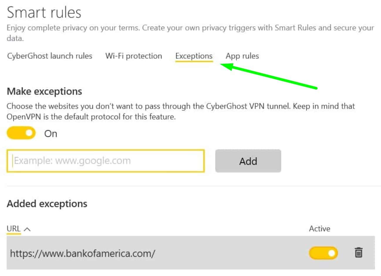 CyberGhost split tunneling exceptions options