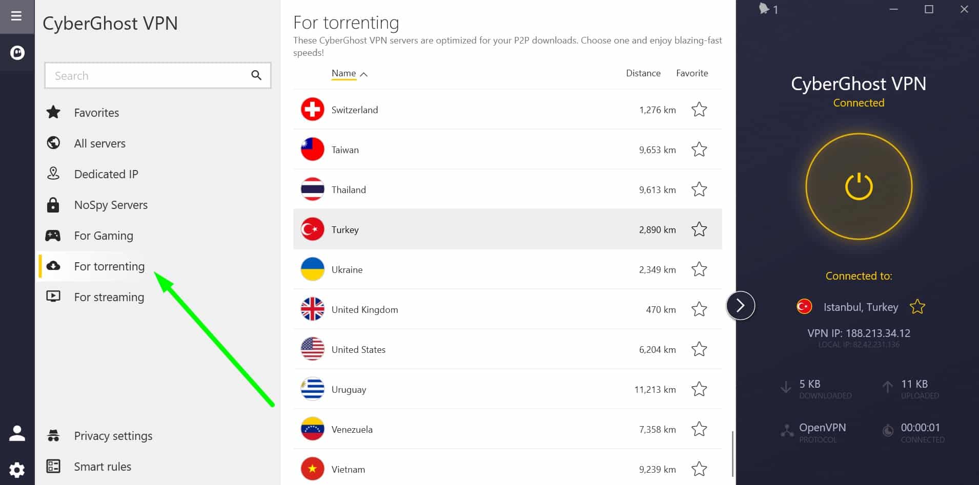 Screenshot showing CyberGhost's Turkey servers