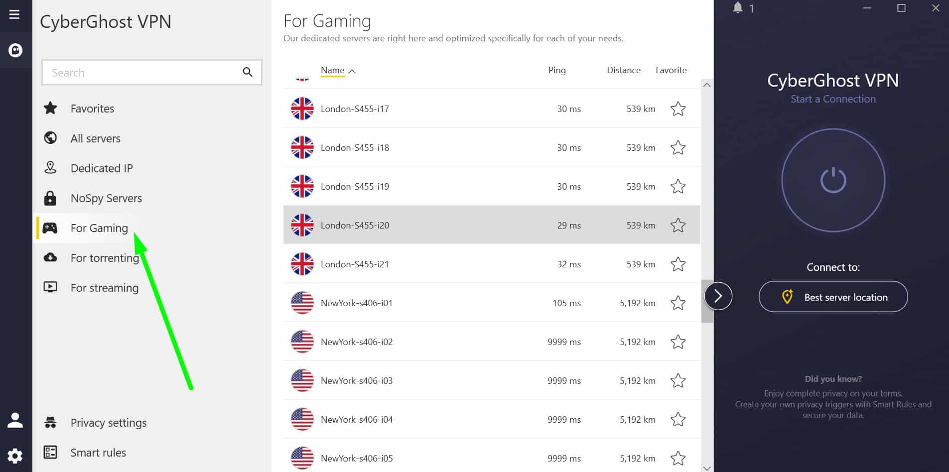 Screenshot showing CyberGhost's gaming servers