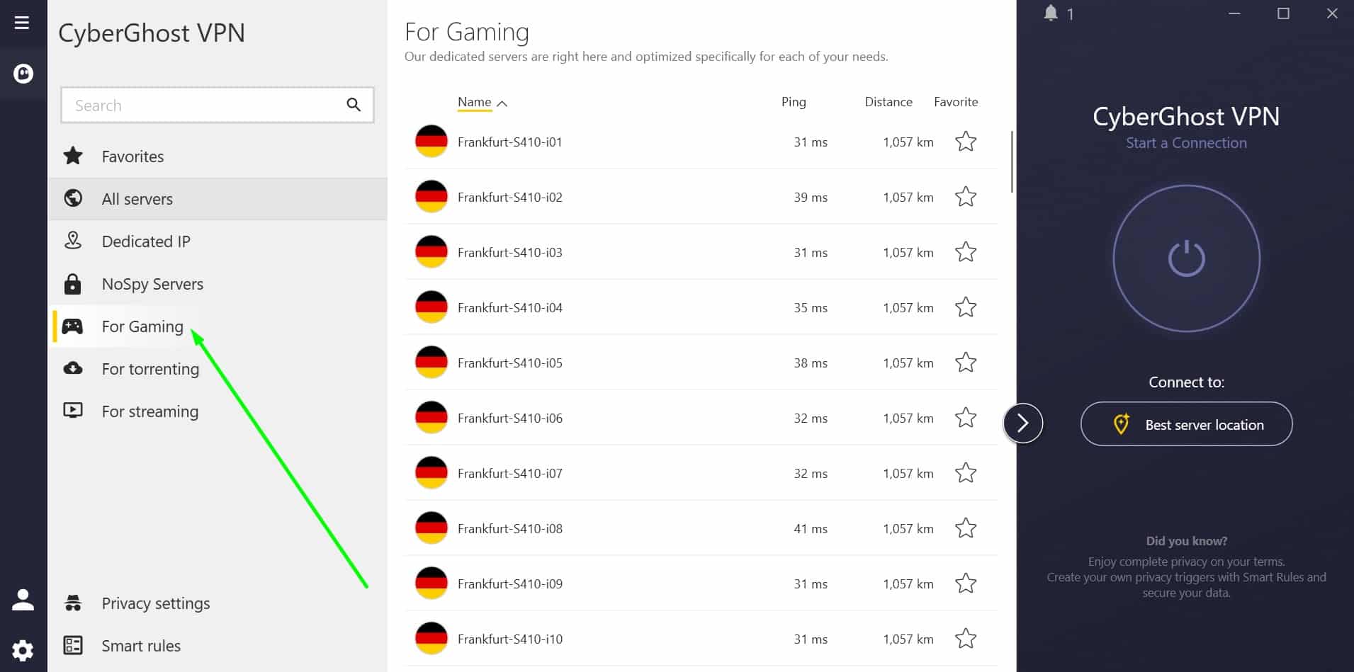 Screenshot showing CyberGhost's gaming servers