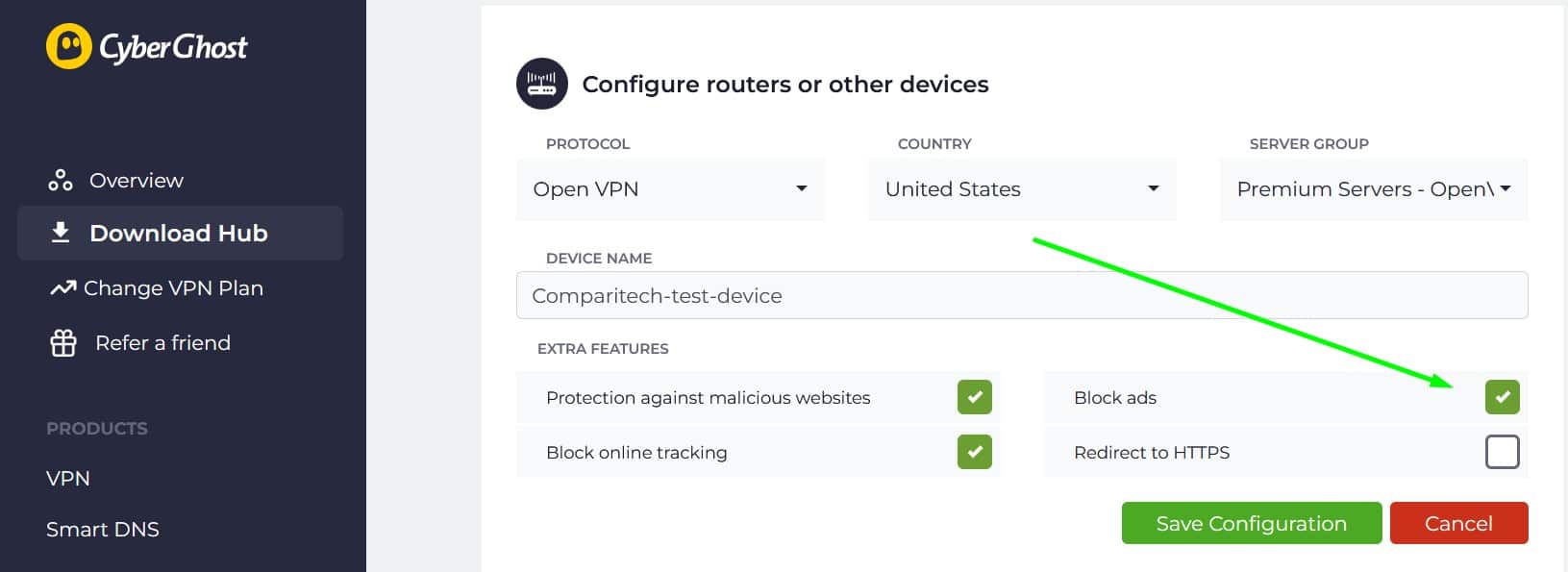 Screenshot of CyberGhost's router config options