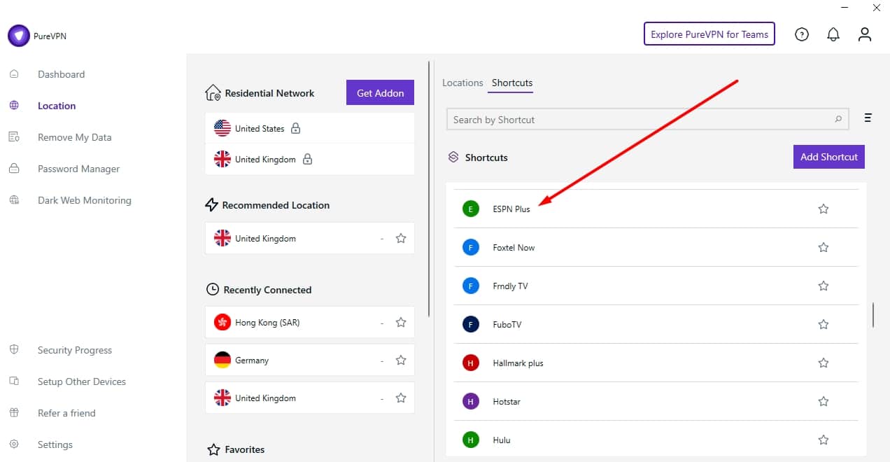 PureVPN's Shortcuts tab.
