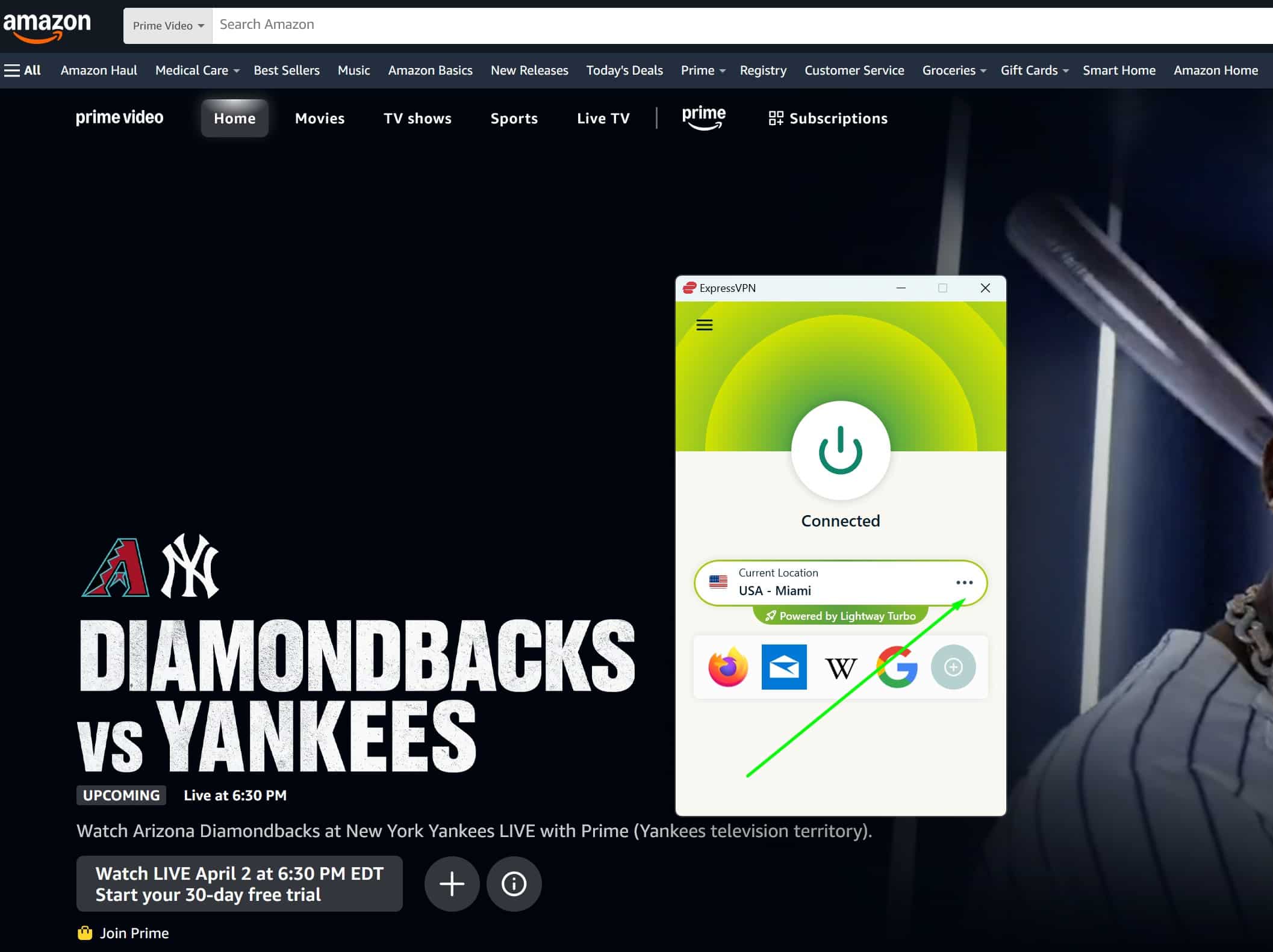 Screenshot showing ExpressVPN working with Prime Video US