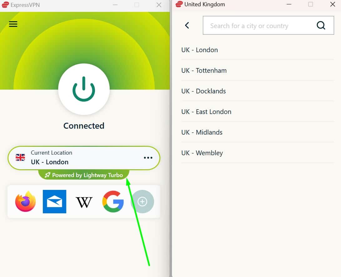 Screenshot showing ExpressVPN's UK servers and Lightway Turbo notification