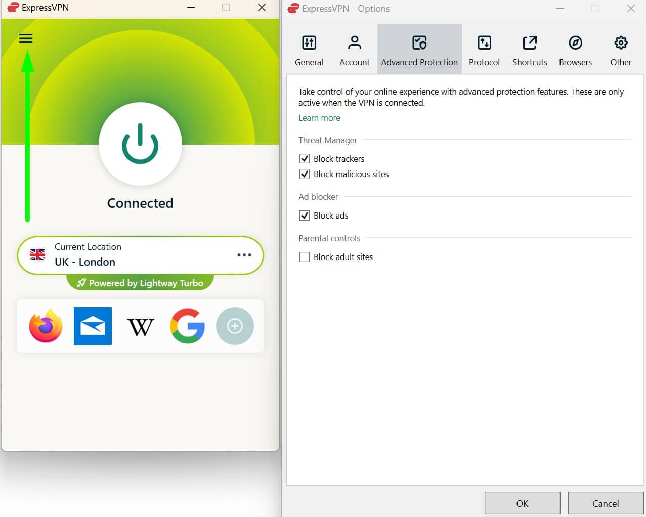 Screenshot showing ExpressVPN's advanced protection menu