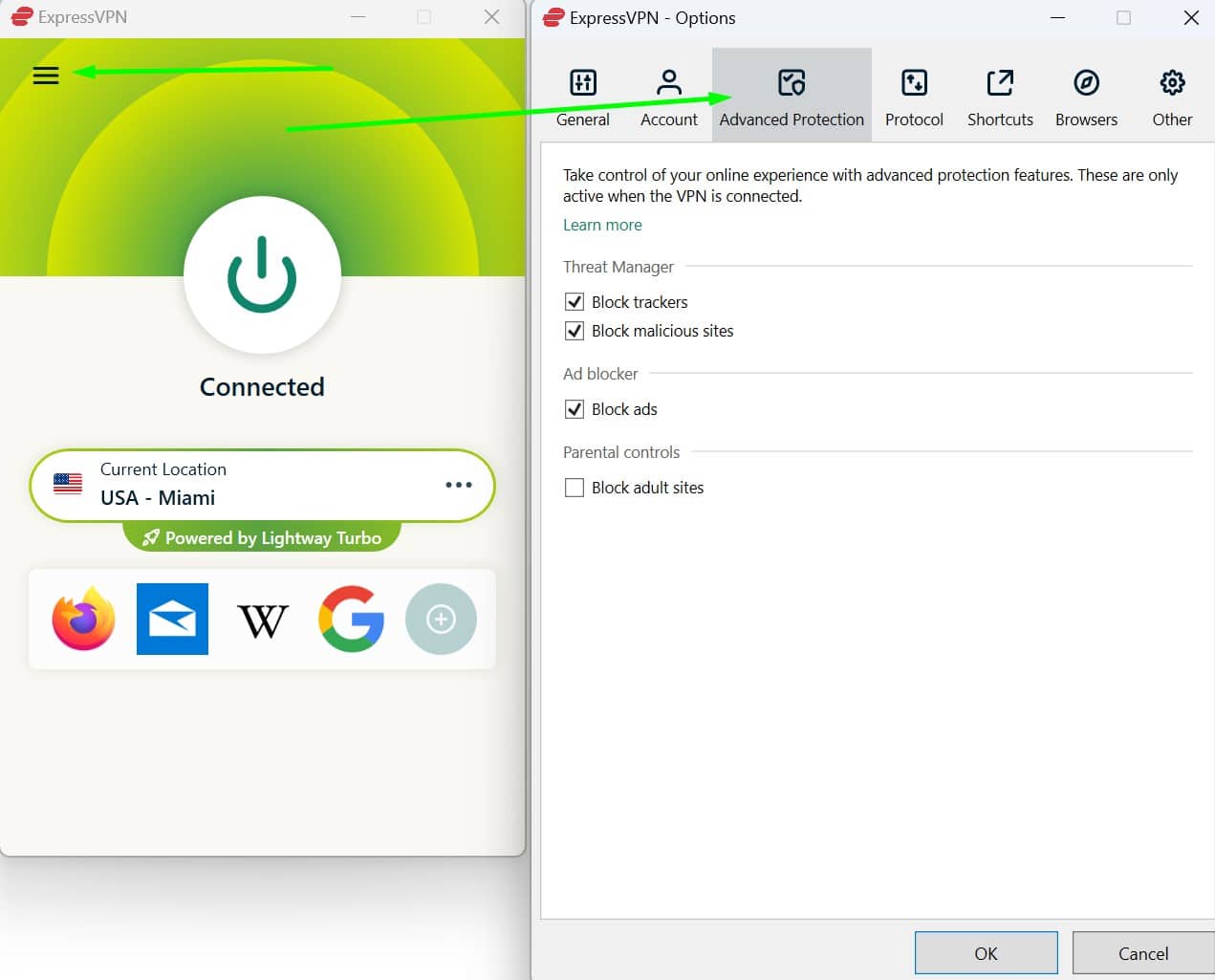Screenshot showing ExpressVPN's advanced protection menu
