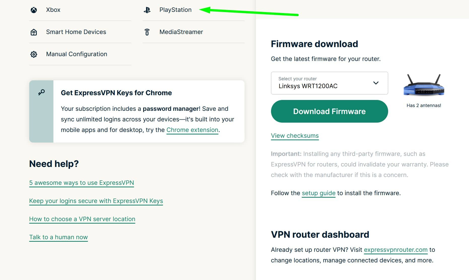 Screenshot of ExpressVPN's games console and router setup guide
