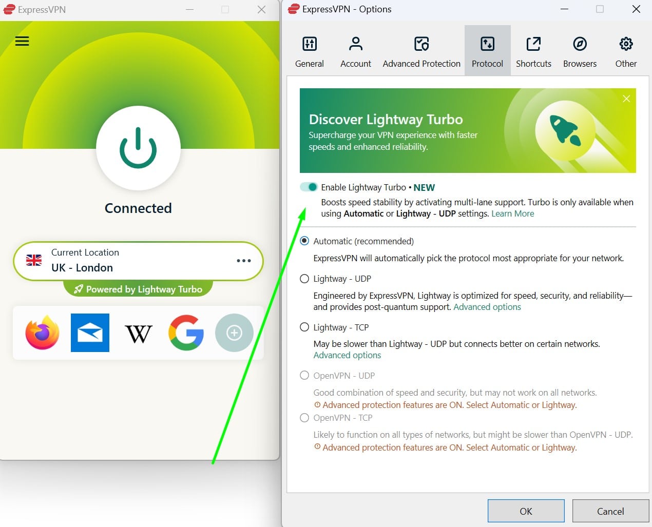 Screenshot showing ExpressVPM's protocol selection options