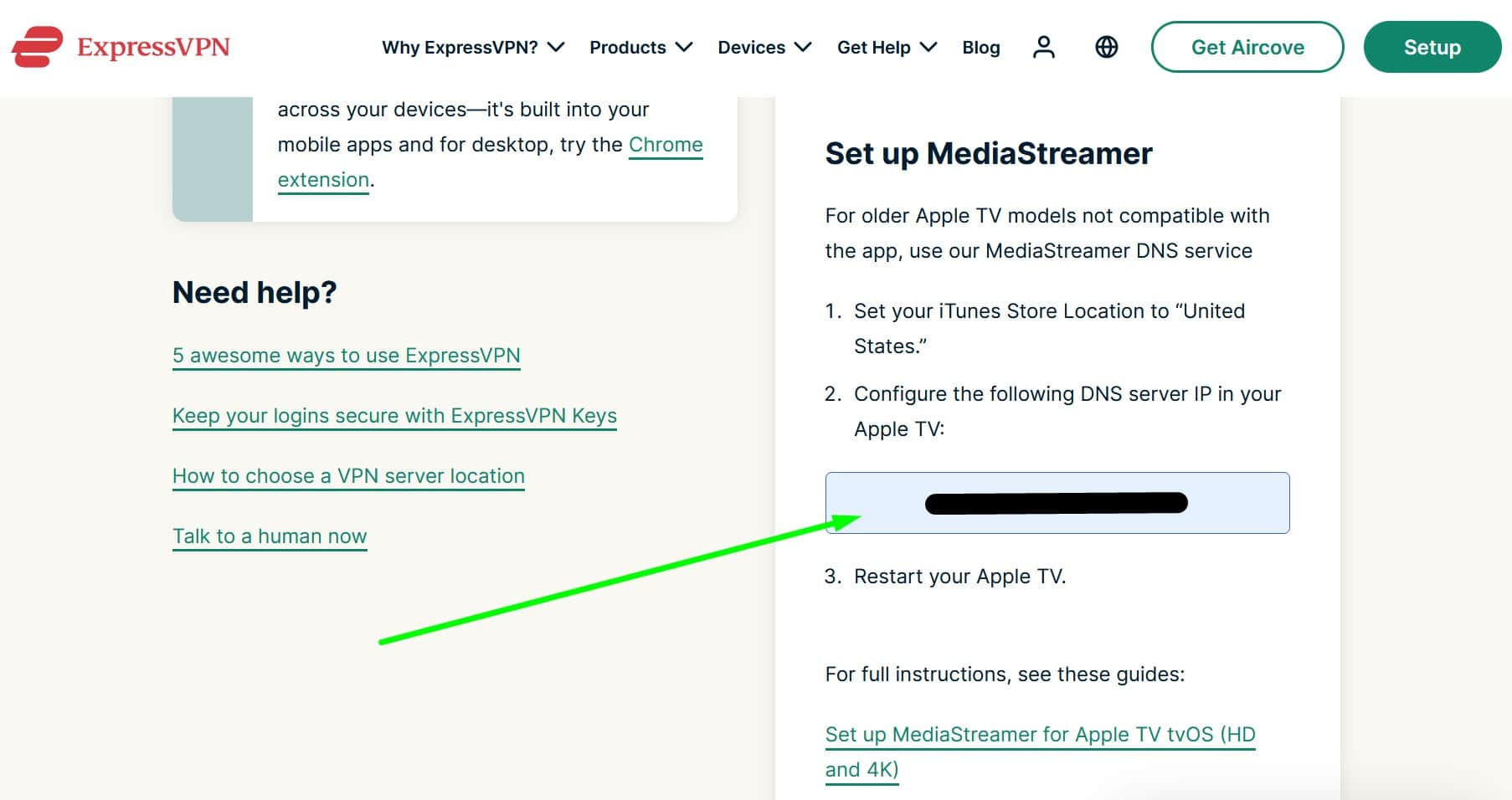Screenshot showing ExpressVPN's mediastreamer setup guide for apple tv