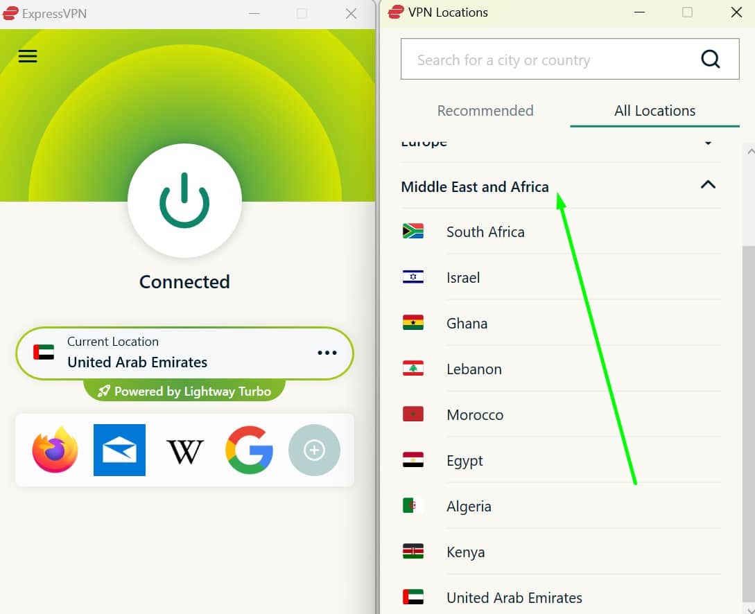 Screenshot showing ExpressVPN's Middle Eastern servers