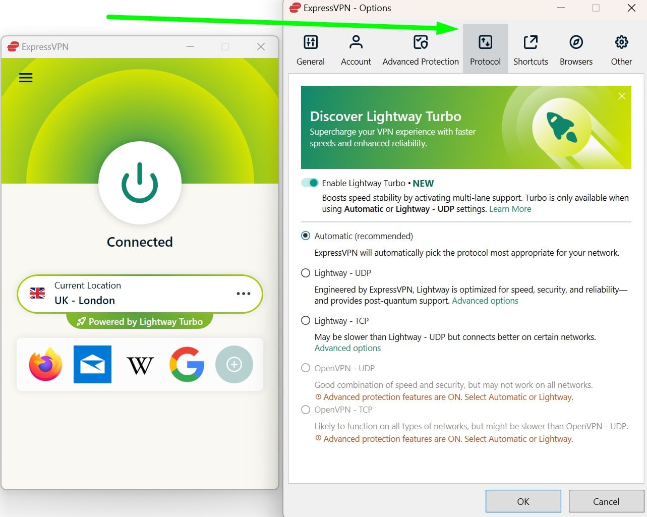 Screenshot of ExpressVPN's protocol options