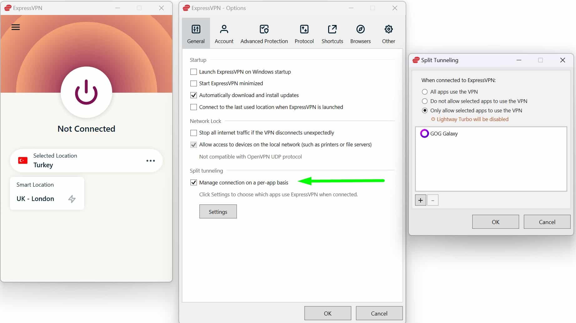 Screenshot of ExpressVPN's split tunneling options