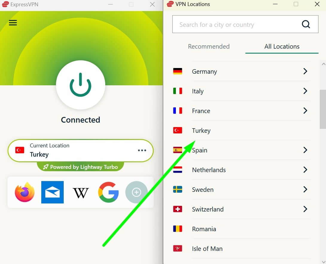 Screenshot of ExpressVPN's Turkish server