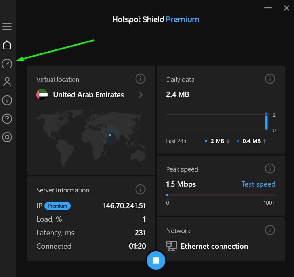Screenshot showing Hotspot Shield's UAE server and built-in speed tester