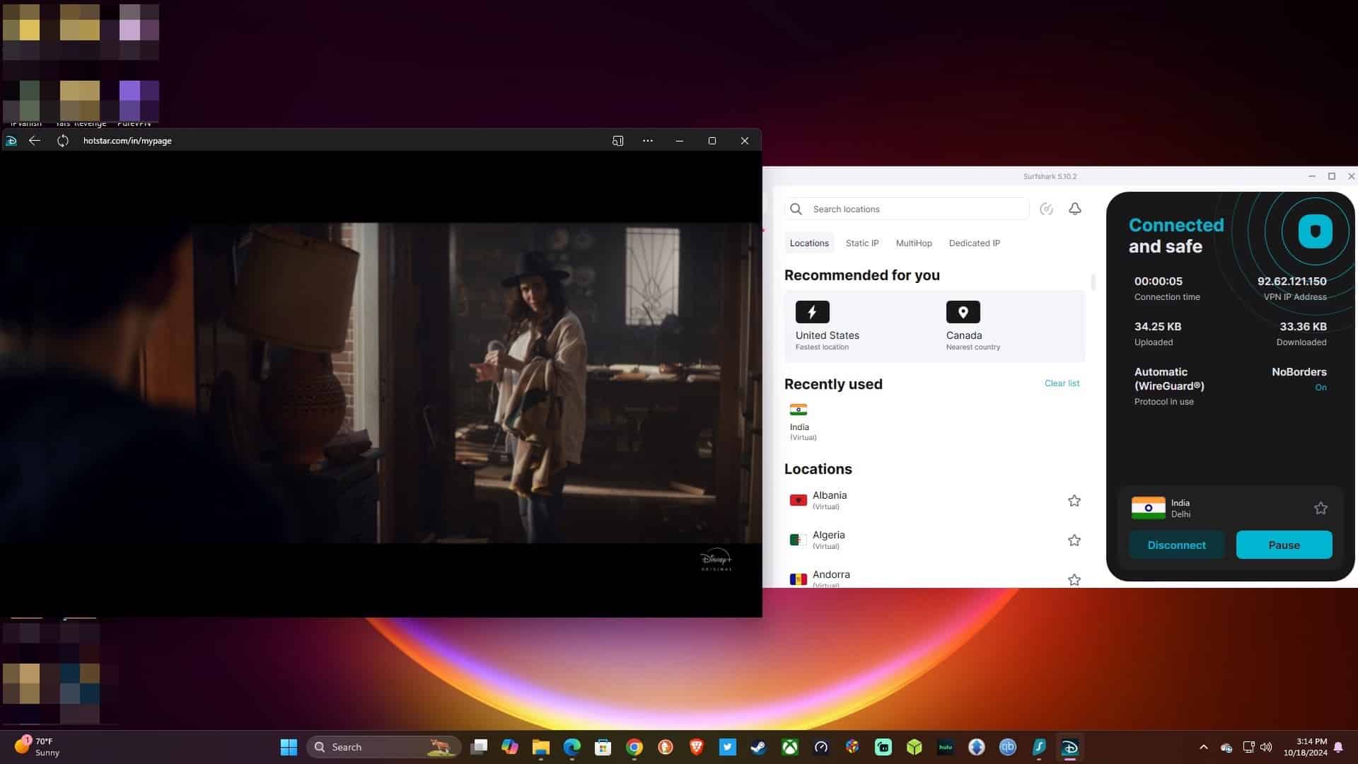 Streaming Hotstar using Surfshark.