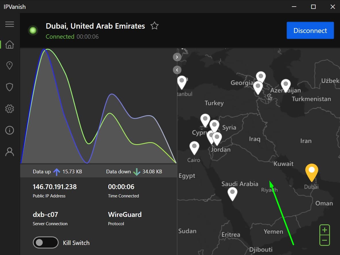 Screenshot showing IPVanish's servers in the Middle East