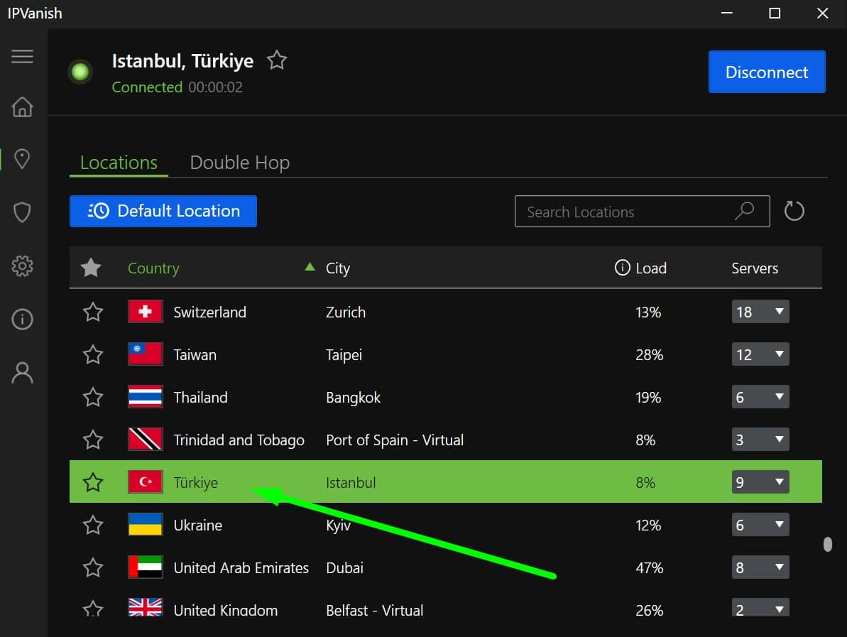 Screenshot of IPVanish's Turkey server
