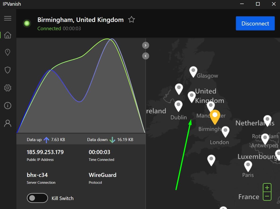 Screenshot showing IPVanish's Uk server locations on a map
