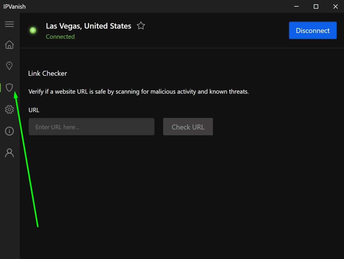 Screenshot showing IPvanish's link checker feature