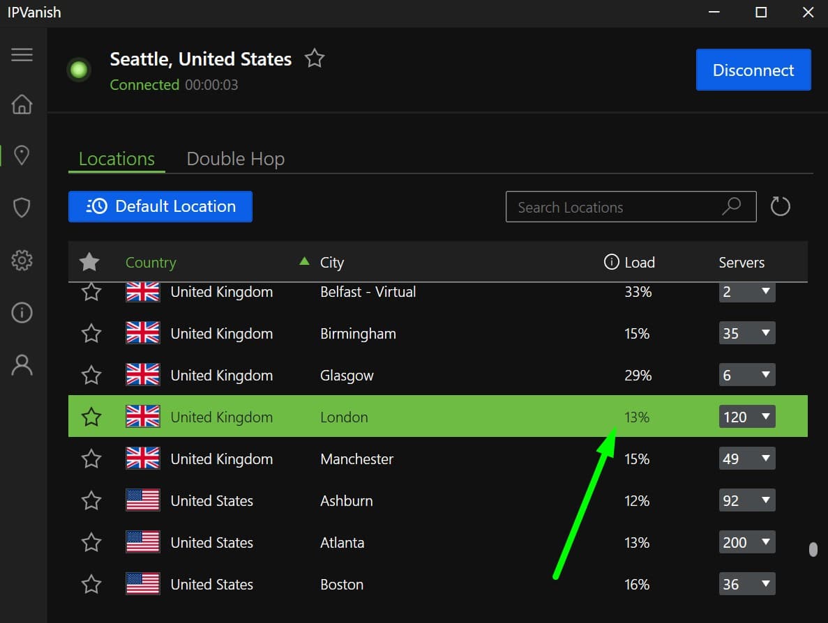 Screenshot of IPVanish's ping details