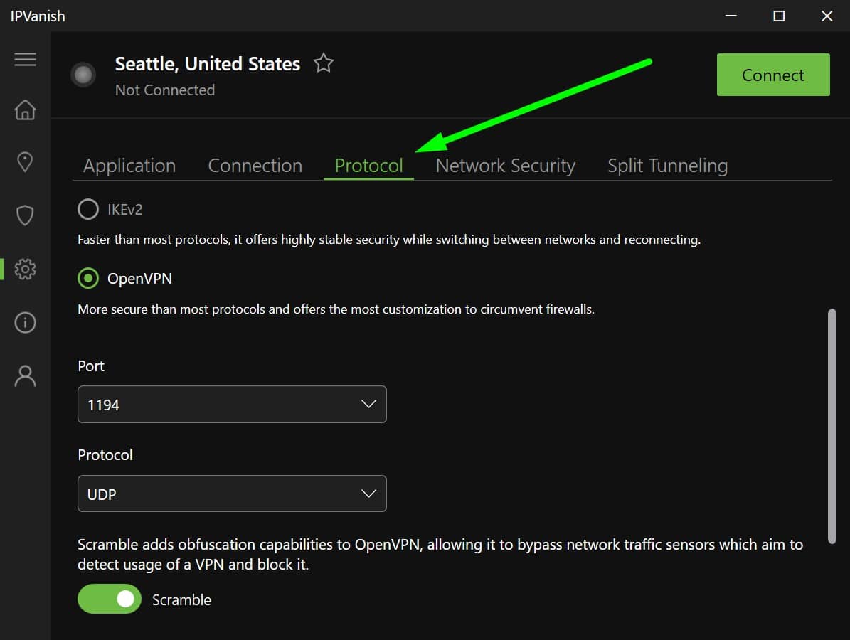 Screenshot of IPVanish's protocol settings