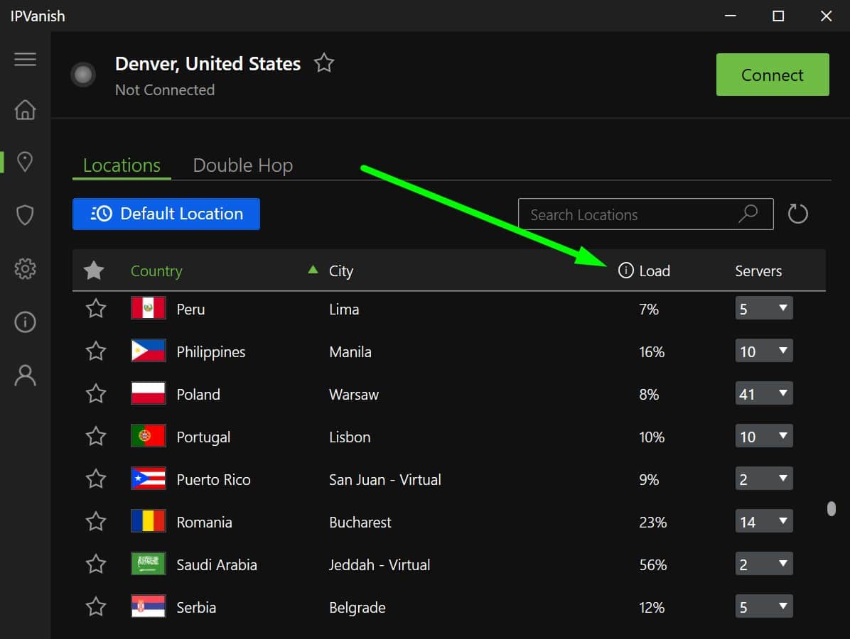 Screenshot of IPVanish's server and load screen