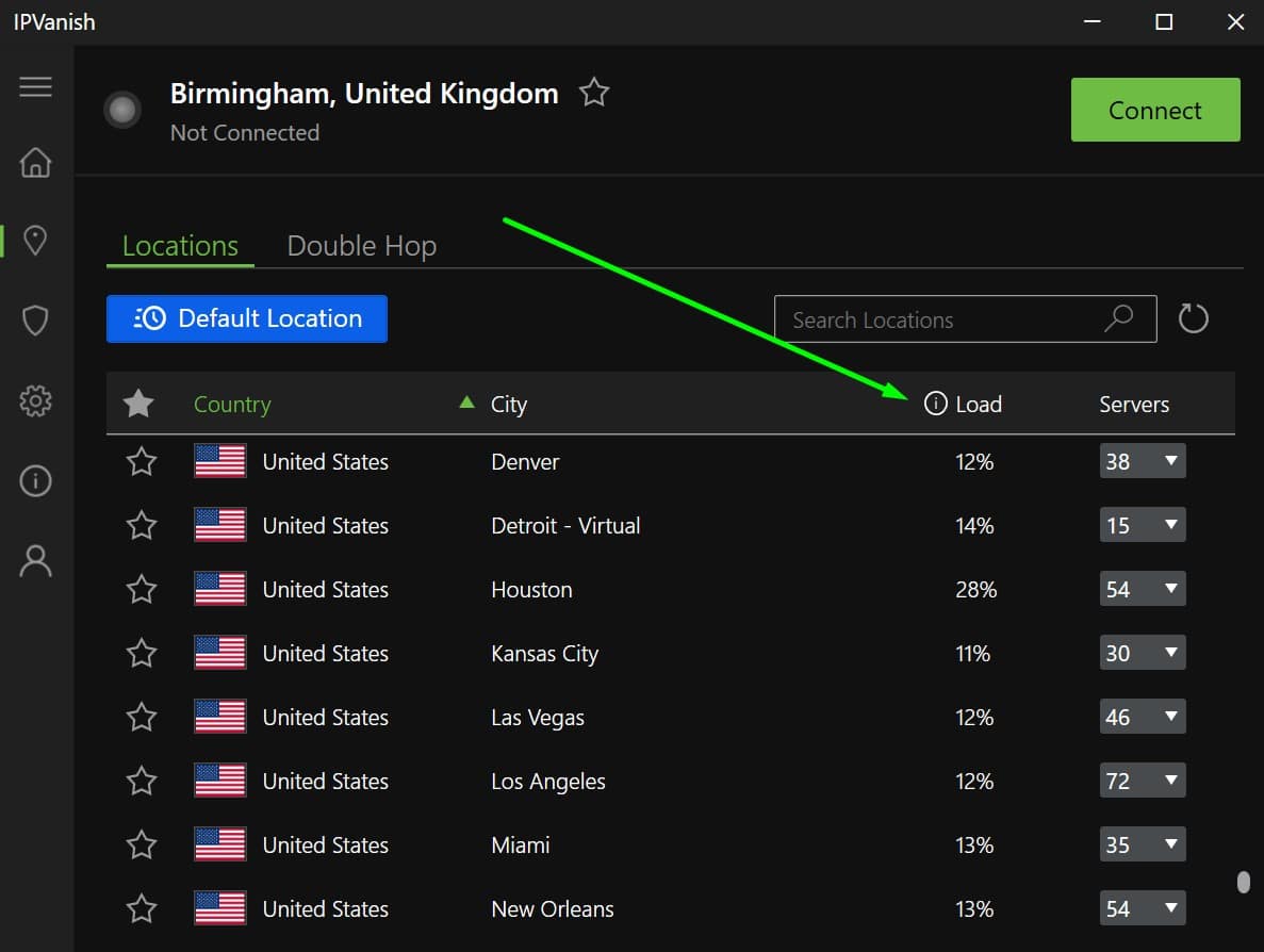Screenshot of IPVanish's server load info