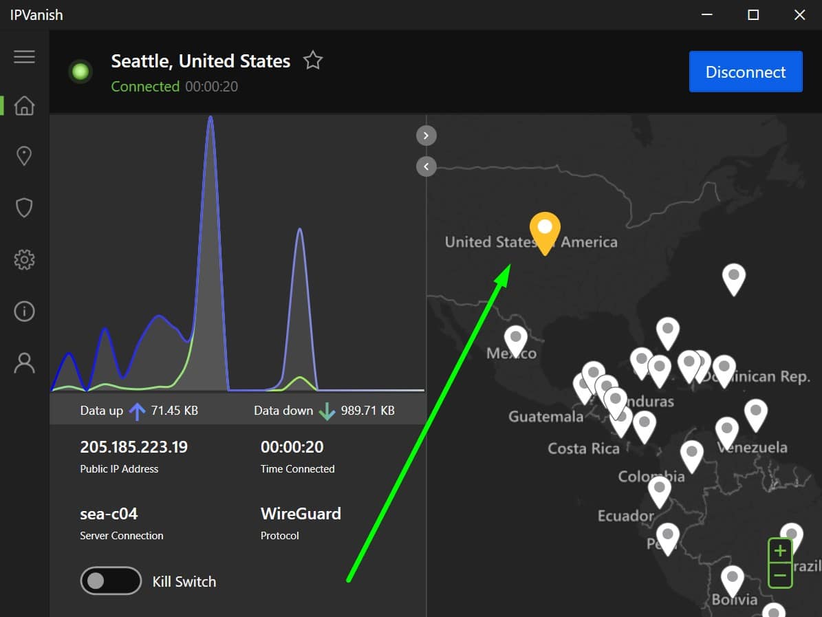 Screenshot showing IPVanish's server selection map