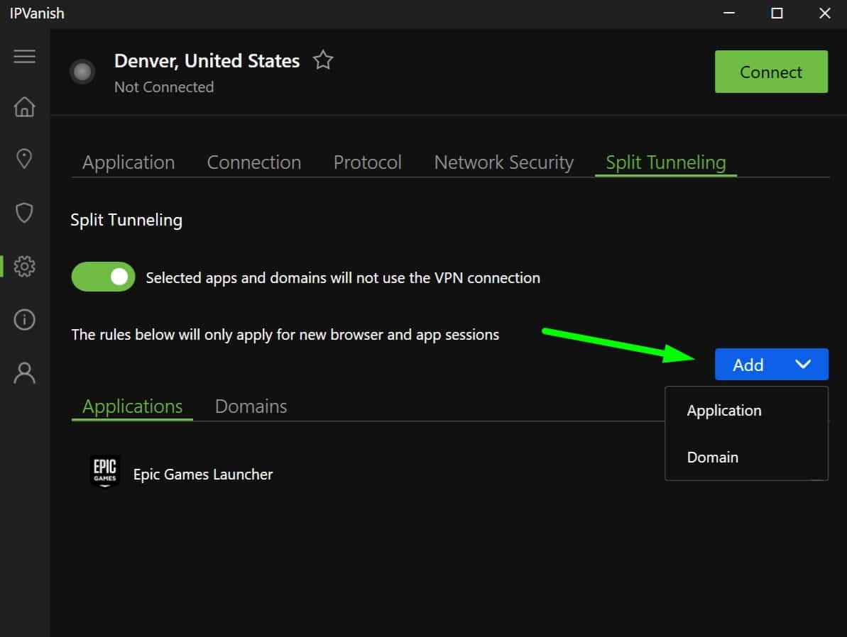 Screenshot of IPVanish's split tunneling options