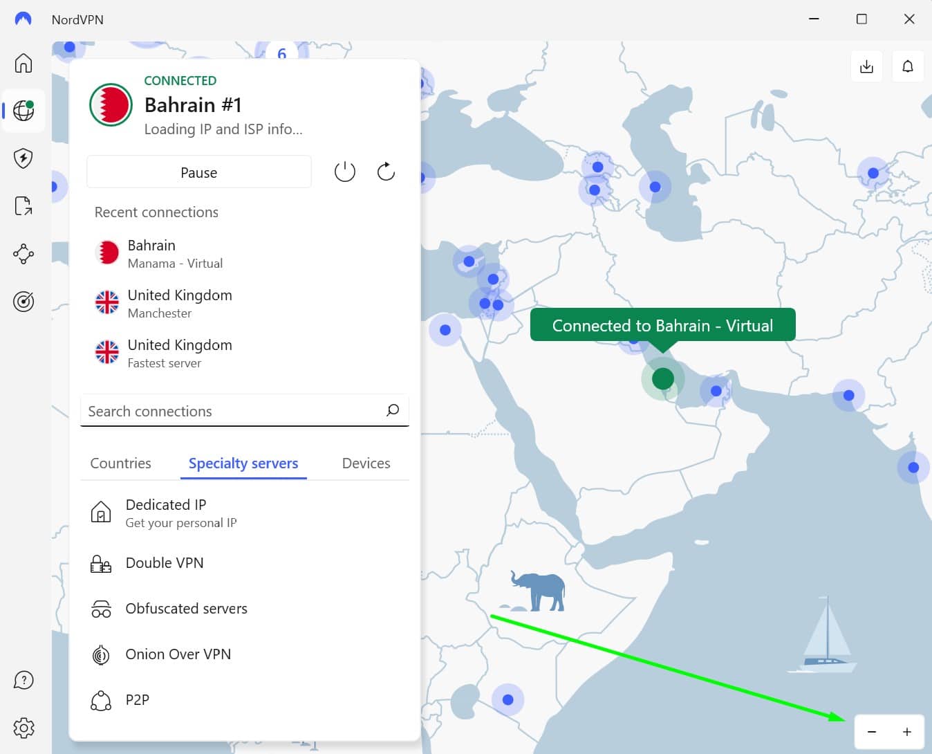 Screenshot showing NordVPN's Bahrain server