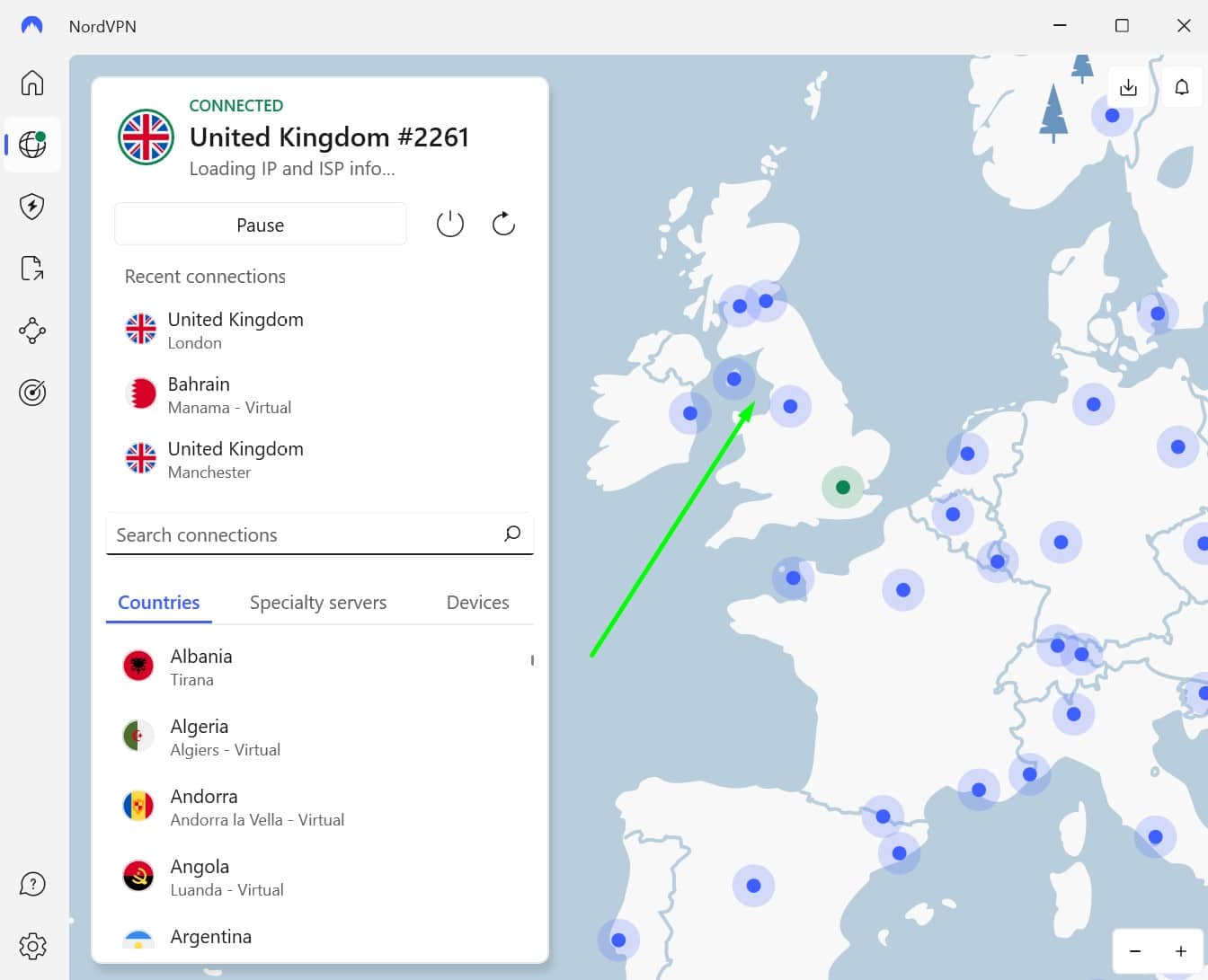 Screenshot showing NordVPN's UK server locations