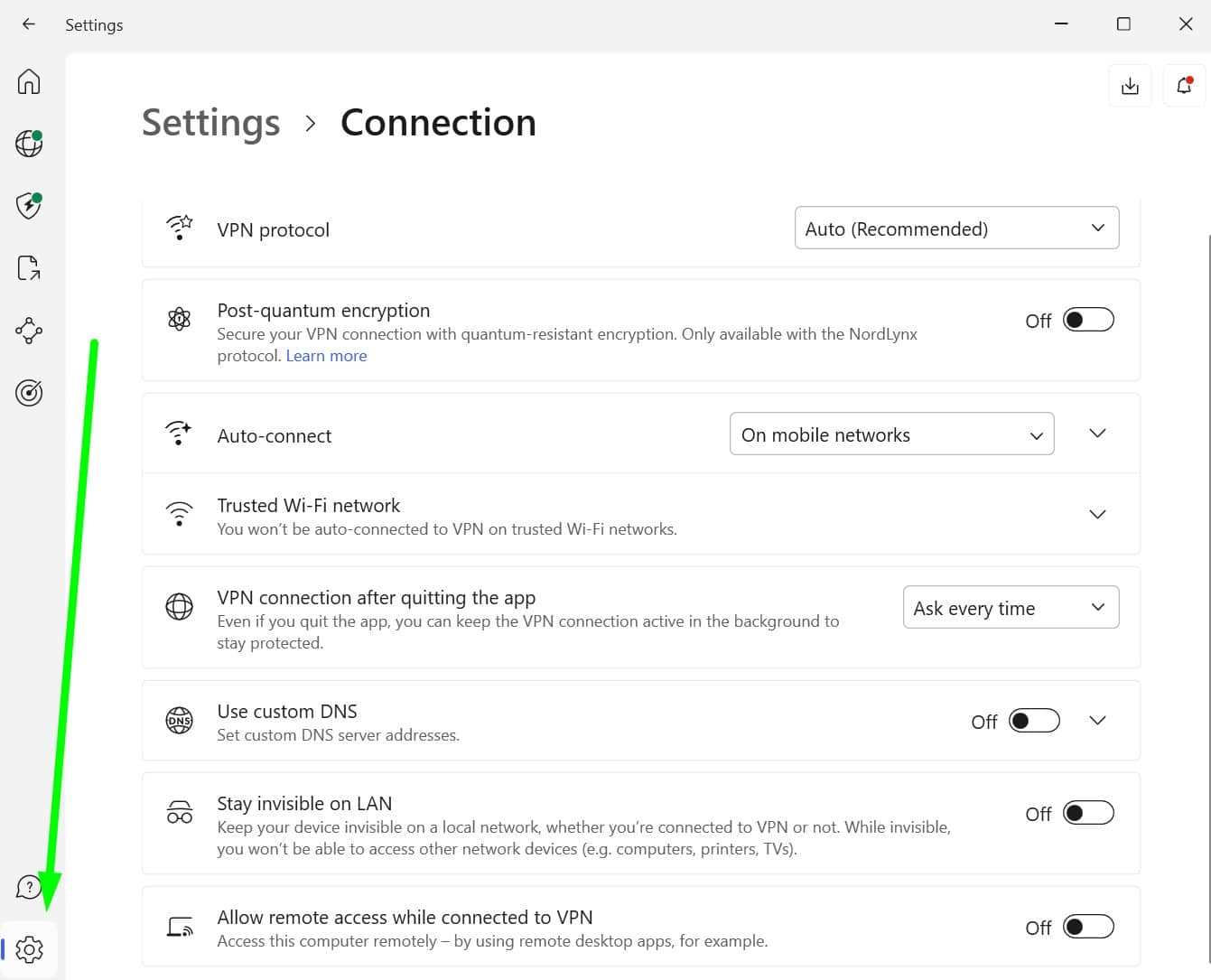 Screenshot showing NordVPN's connection settings menu
