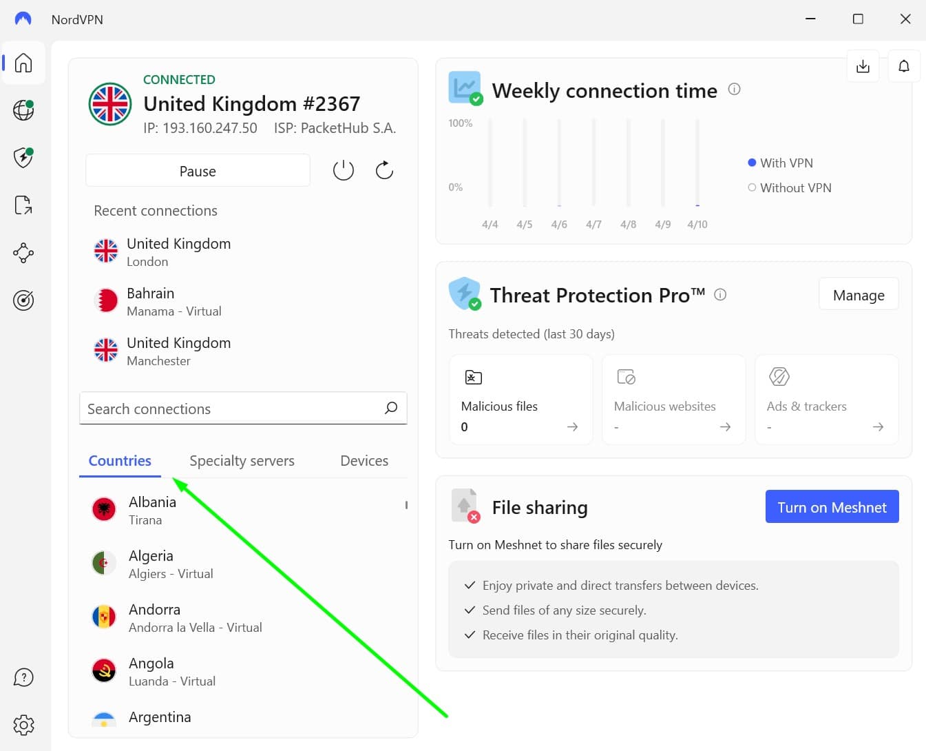 Screenshot showing NordVPN's server list on Windows
