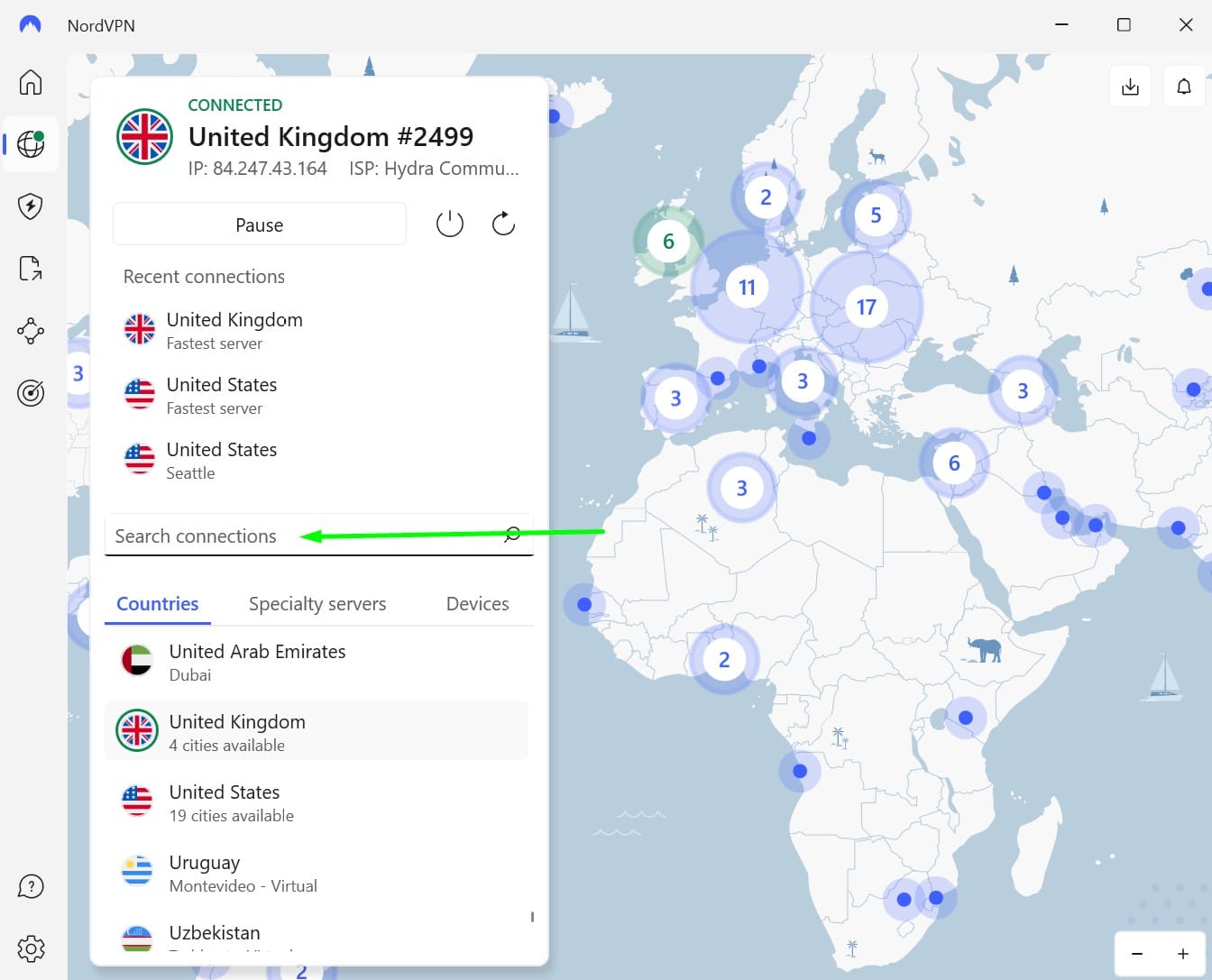 Screenshot showing NordVPN's server search bar