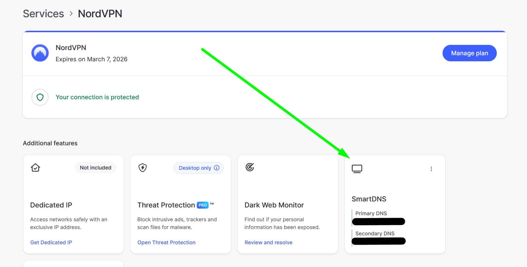 Screenshot of NordVPN's smart dns server addresses