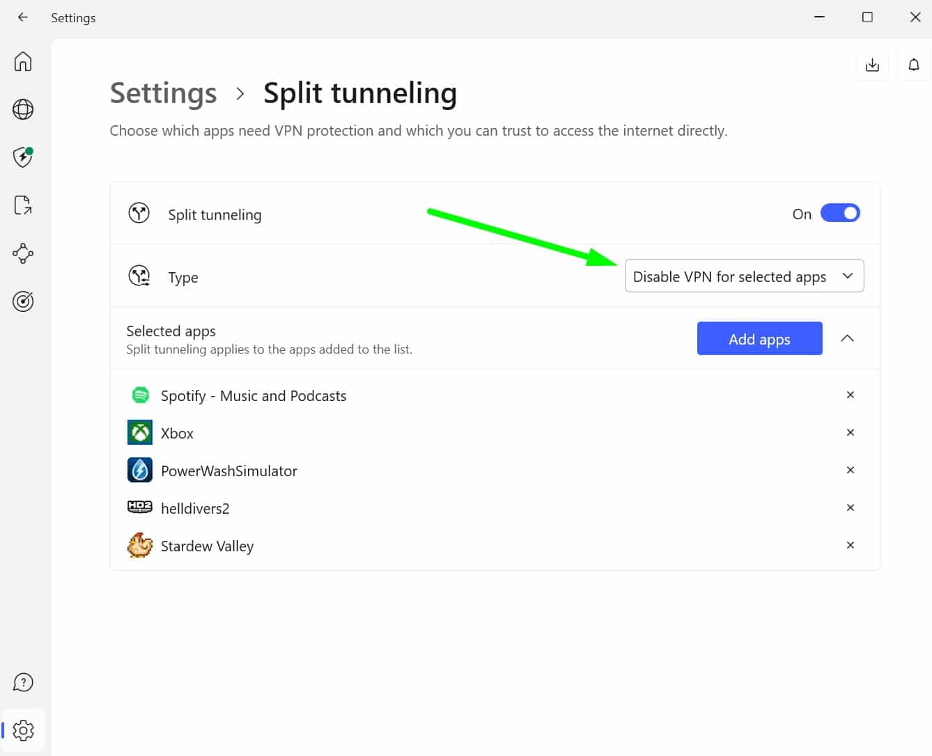 Screenshot of NordVPN's split tunneling options