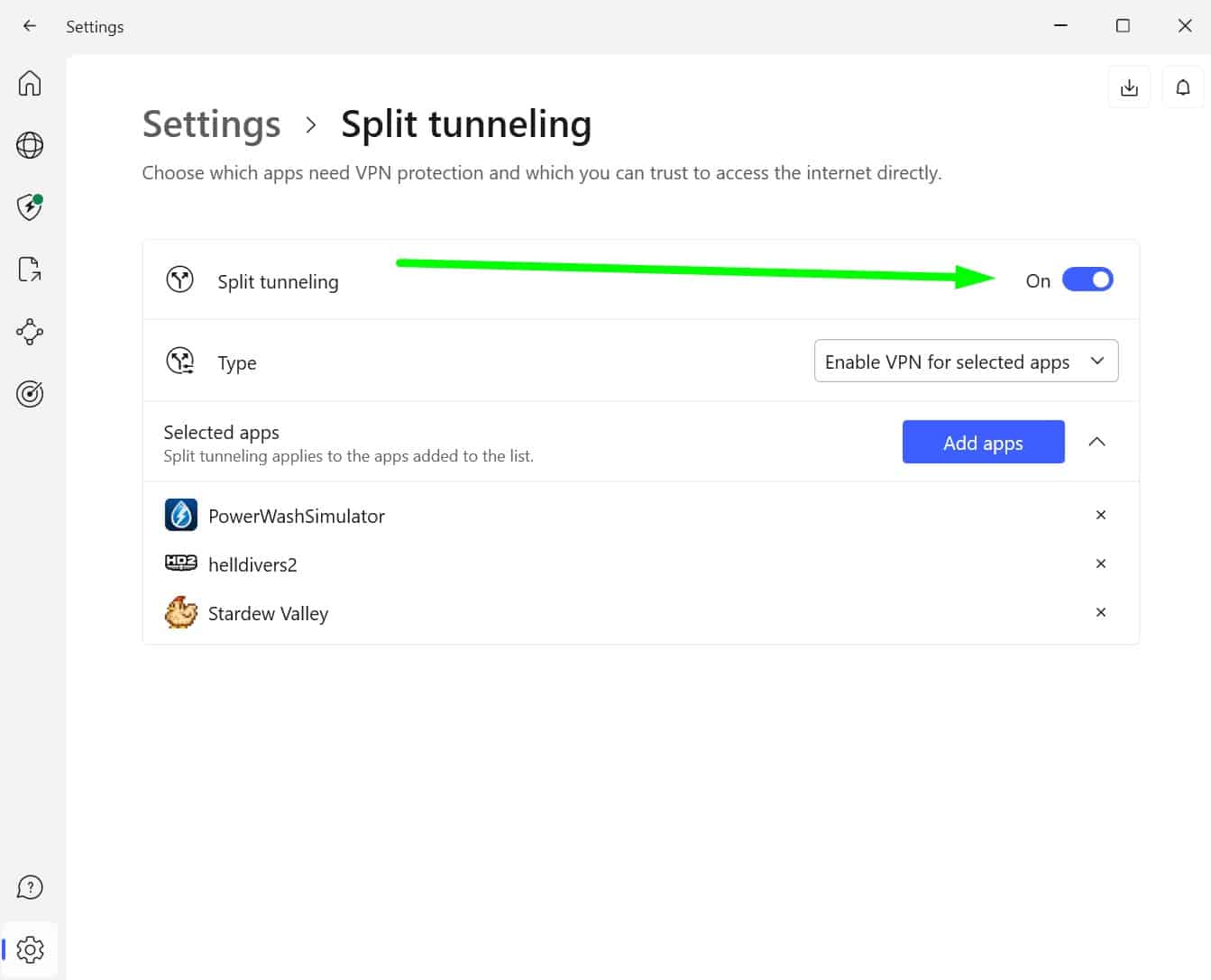 Screenshot of NordVPN's split tunneling options